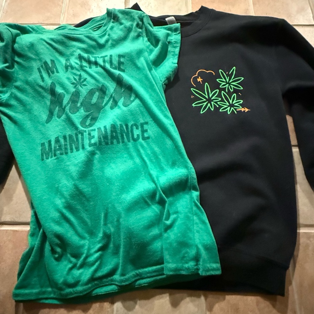 Green Graphic Tee and Black Sweatshirt